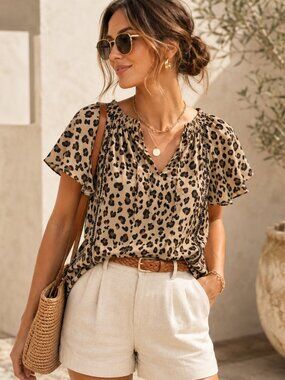 J.Crew SZ S Leopard Print Silk Flutter Sleeve Top In Mod Neutral NWT